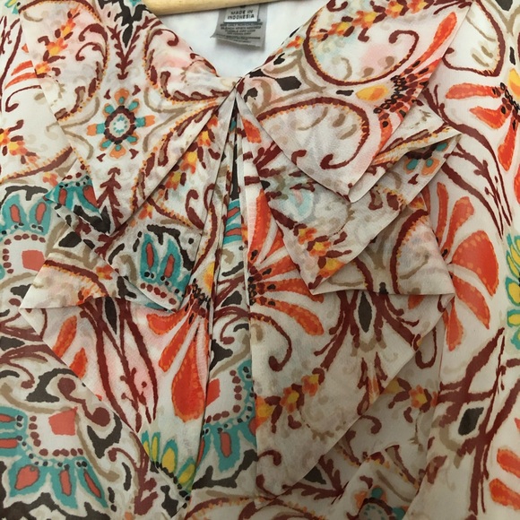 SWEET STORM Fit Flare Mini Dress Floral Ruffle V Neck Orange Cream Size Small - Picture 6 of 12